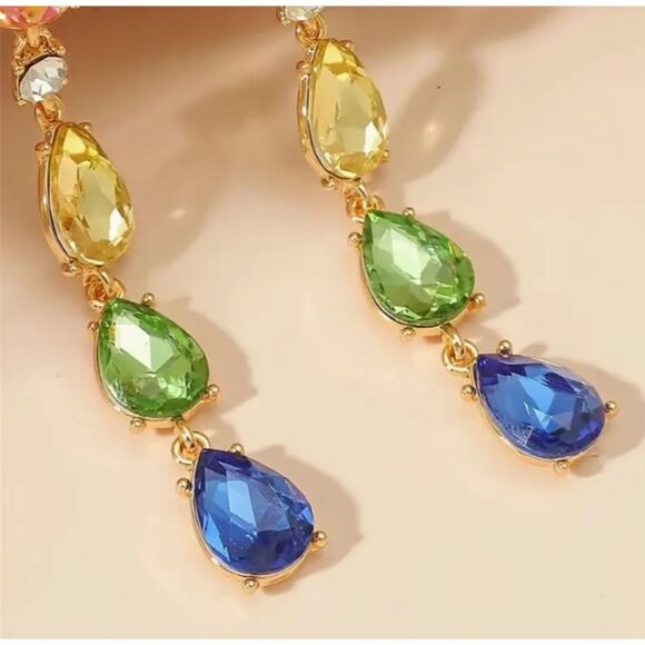 Long Raindrop Shaped Colored Rhinestones 3.86" Earrings - Picture 7 of 8